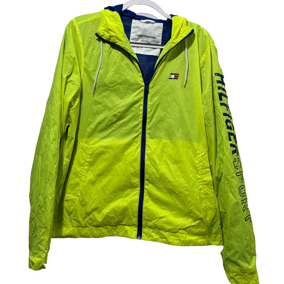90s Tommy Hilfiger Mens Neon Green Yellow Hooded Windbreaker Jacket M Spell Out - Picture 1 of 13